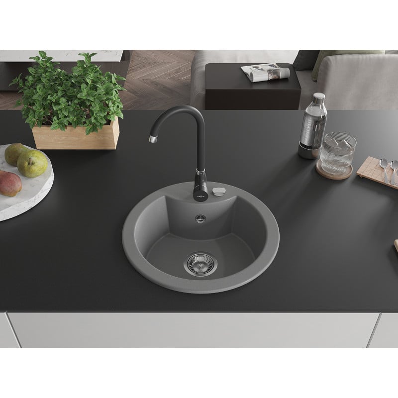 Mexen Diego 1-bowl granite sink with Telma kitchen tap, grey - 6512-71-670200-70