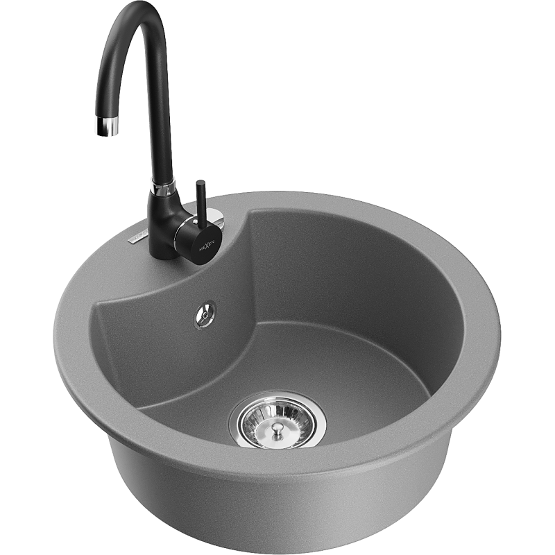 Mexen Diego granitno pomivalno korito z eno komoro in kuhinjsko pipo Telma, sivo - 6512-71-670200-70