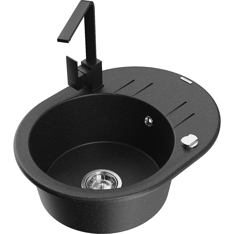 Mexen Kevin granit diskbänk med en ho och avrinningsyta samt köksblandare Rita, svart/guldfärgad metallic - 6517-75-670300-70