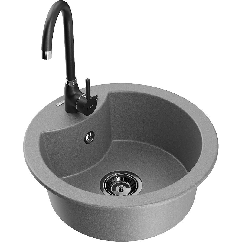 Mexen Diego fregadero de granito de 1 compartimento con grifo de cocina Telma, gris - 6512-71-670200-70-B