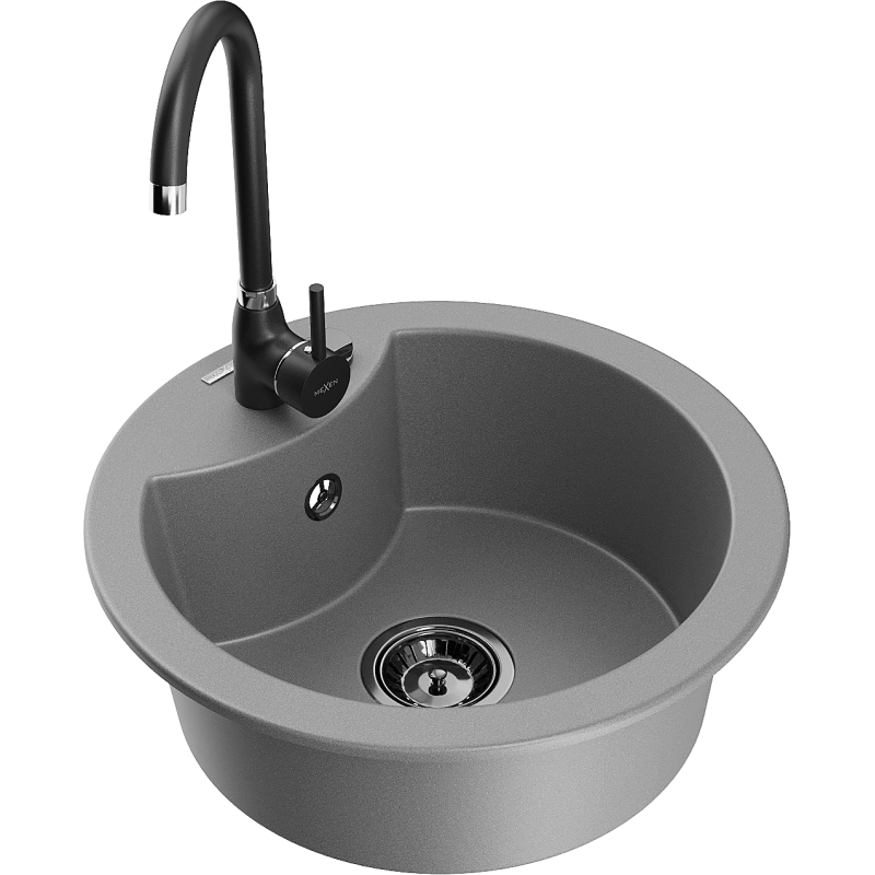Mexen Diego fregadero de granito de 1 cubeta con grifo de cocina Telma, gris - 6512-71-670200-70-B