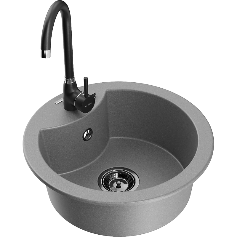 Mexen Diego lava-louça de granito 1-cuba com torneira de cozinha Telma, cinza - 6512-71-670200-70-B