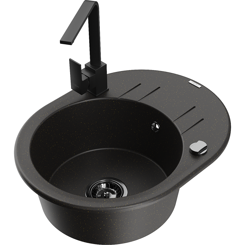 Mexen Kevin lava-loiça de granito 1-cuba com escorredor e torneira de cozinha Rita, preto/dourado metálico