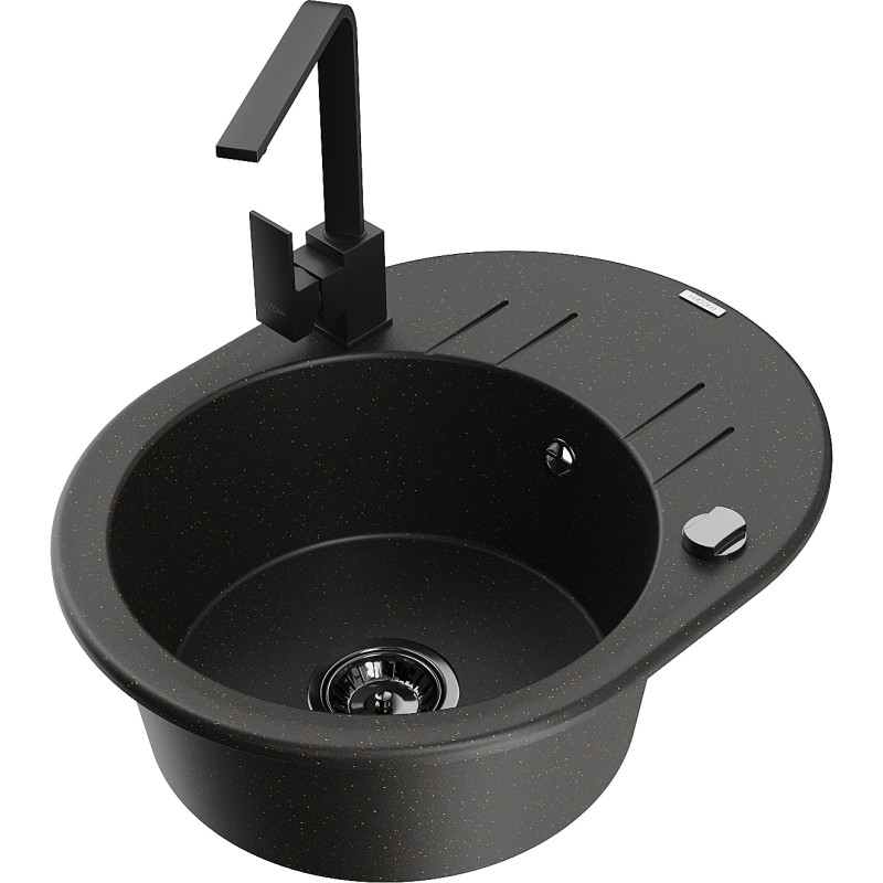 Mexen Kevin lavello in granito 1-vasca con scolapiatti e rubinetto da cucina Rita, nero/oro metallico - 6517-75-670300-70-B