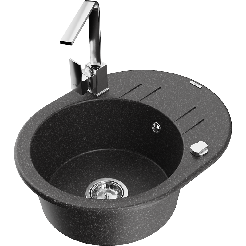 Mexen Kevin Granitspüle 1-beckig mit Abtropffläche und Küchenarmatur Rita, schwarz gesprenkelt - 6517-76-670300-00