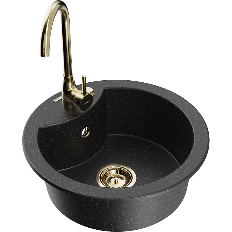 Mexen Diego 1-lokeroinen graniittinen pesuallas keittiöhanalla Telma, musta/hopea - 6512-73-670200-50