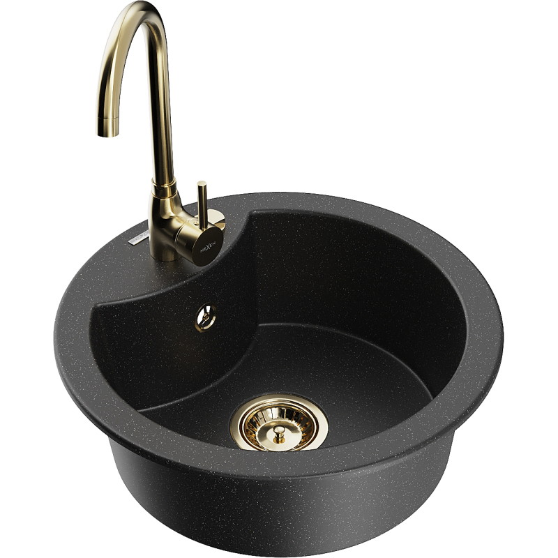 Mexen Diego granit gootsteen 1-komor met keukenmengkraan Telma, zwart/zilver - 6512-73-670200-50