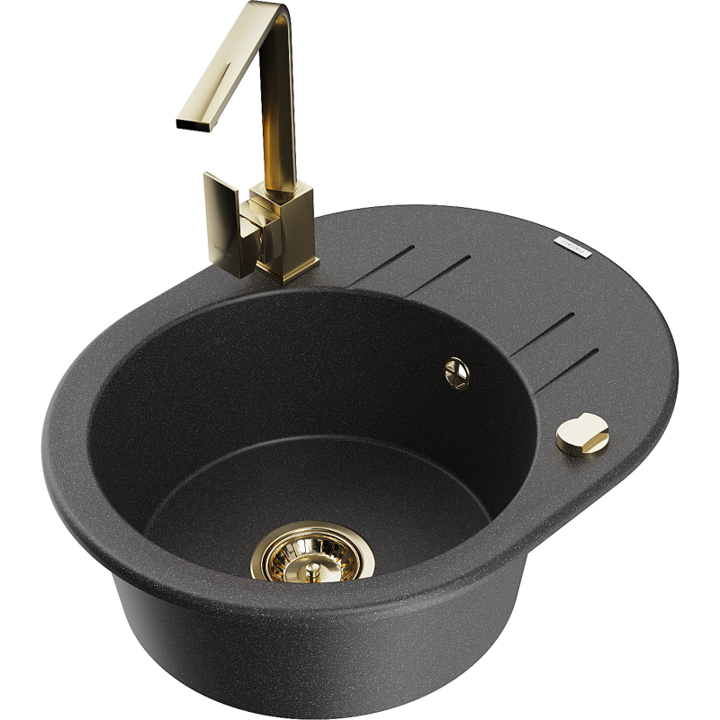 Mexen Kevin lava-louça de granito de 1 bacia com escorredor e torneira de cozinha Rita, preto salpicado - 6517-76-670300-50