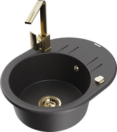 Mexen Kevin granite kitchen sink 1-bowl with drainer and kitchen faucet Rita, speckled black - 6517-76-670300-50