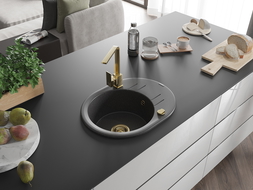 Mexen Kevin fregadero de granito de 1 tazón con escurridor y grifo de cocina Rita, negro moteado - 6517-76-670300-50