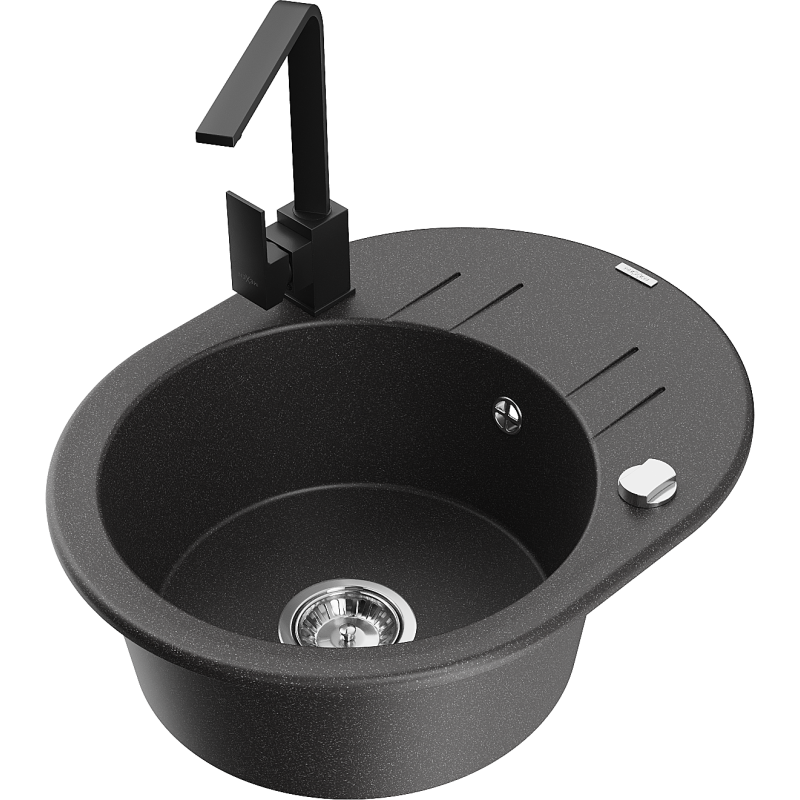 Mexen Kevin fregadero de granito de 1 cubeta con escurridor y grifo de cocina Rita, negro moteado - 6517-76-670300-70