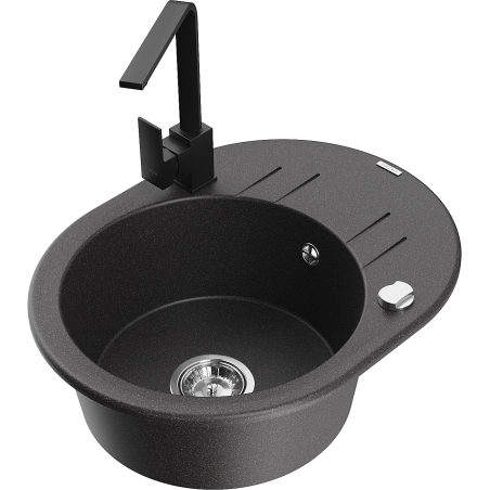 Mexen Kevin fregadero de granito de 1 seno con escurridor y grifo de cocina Rita, negro moteado - 6517-76-670300-70