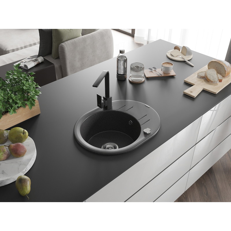 Mexen Kevin fregadero de granito de 1 seno con escurridor y grifo de cocina Rita, negro moteado - 6517-76-670300-70