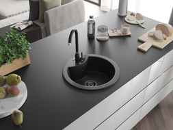 Mexen Diego Granitspüle 1-Becken mit Küchenarmatur Telma, schwarz/silber - 6512-73-670200-70-B