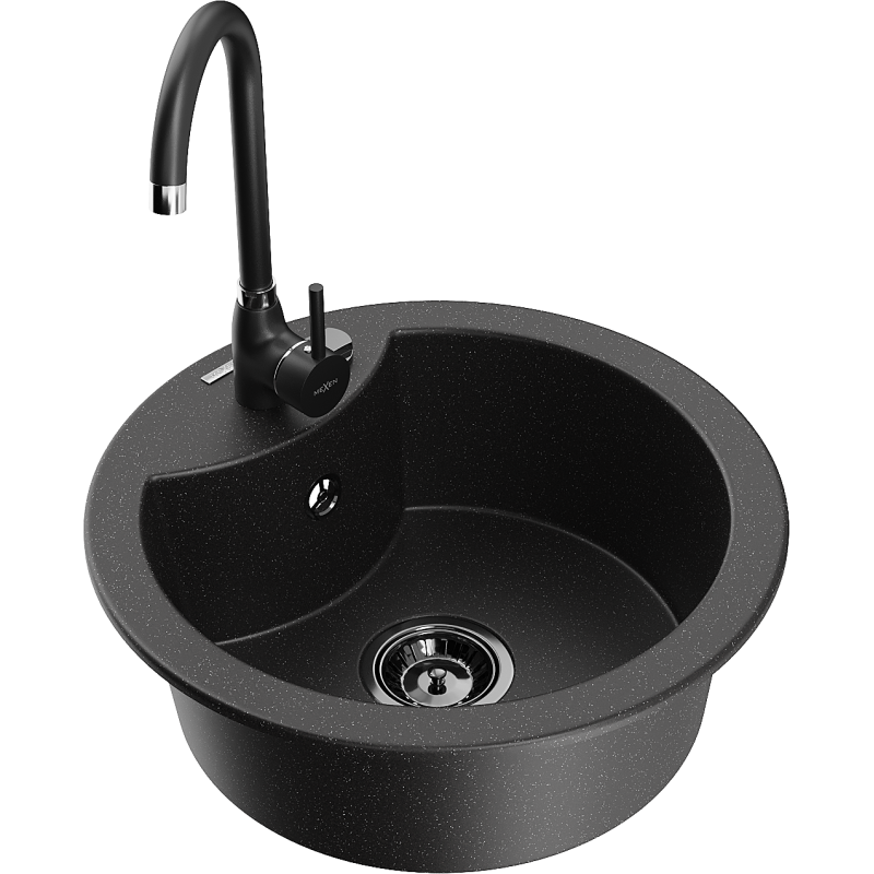 Mexen Diego fregadero de granito de 1 cubeta con grifo de cocina Telma, negro/plata - 6512-73-670200-70-B