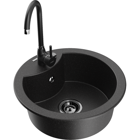 Mexen Diego Granitspüle 1-Becken mit Küchenarmatur Telma, schwarz/silber - 6512-73-670200-70-B