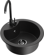 Mexen Diego granite kitchen sink single-bowl with Telma kitchen faucet, black/silver - 6512-73-670200-70-B