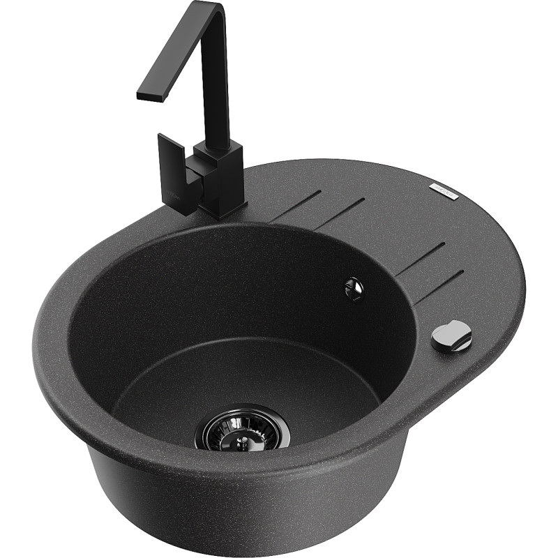 Mexen Kevin fregadero de granito de 1 compartimento con escurridor y grifo de cocina Rita, negro moteado - 6517-76-670300-70-B