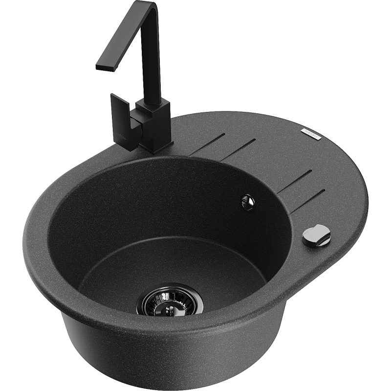 Mexen Kevin granite sink 1-bowl with drainer and Rita kitchen tap, black speckled - 6517-76-670300-70-B