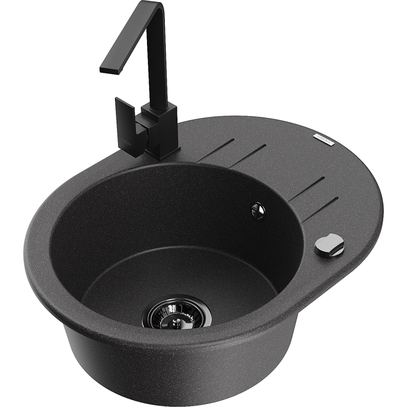 Mexen Kevin lavello in granito 1-vasca con sgocciolatoio e rubinetto cucina Rita, nero punteggiato - 6517-76-670300-70-B