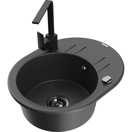 Mexen Kevin Granitspüle 1-Becken mit Abtropffläche und Küchenarmatur Rita, schwarz gesprenkelt - 6517-76-670300-70-B