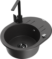 Mexen Kevin granite sink 1-bowl with drainer and Rita kitchen tap, black speckled - 6517-76-670300-70-B