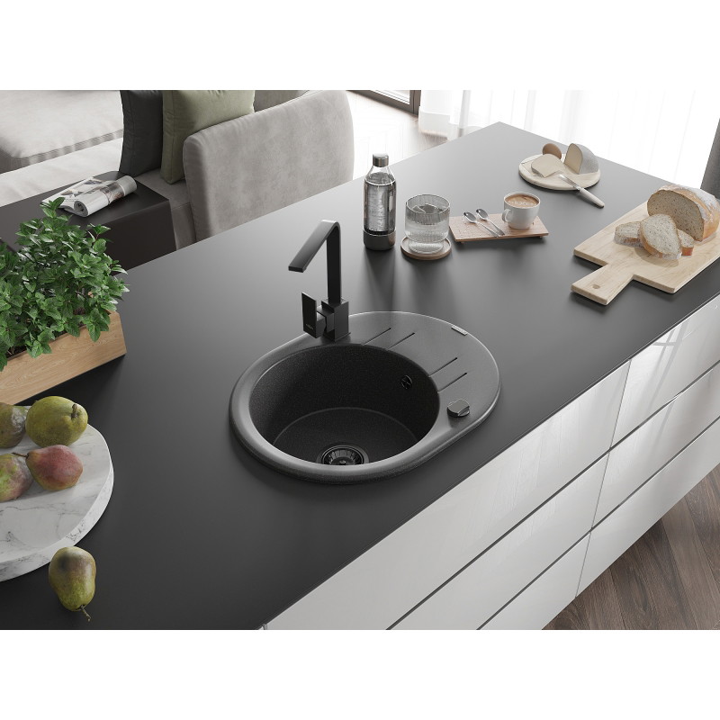 Mexen Kevin fregadero de granito de 1 compartimento con escurridor y grifo de cocina Rita, negro moteado - 6517-76-670300-70-B