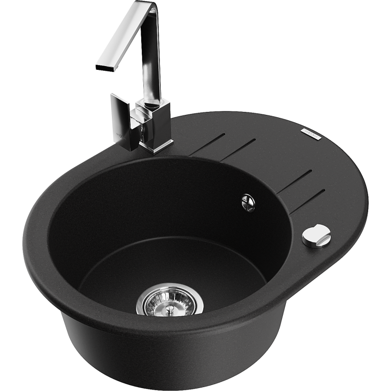 Mexen Kevin granite sink 1-bowl with drainer and kitchen tap Rita, black - 6517-77-670300-00