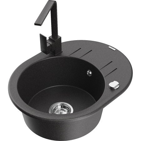 Mexen Kevin granite kitchen sink single-bowl with drainer and Rita kitchen tap, speckled black - 6517-76-670300-76