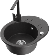 Mexen Kevin granite kitchen sink single-bowl with drainer and Rita kitchen tap, speckled black - 6517-76-670300-76