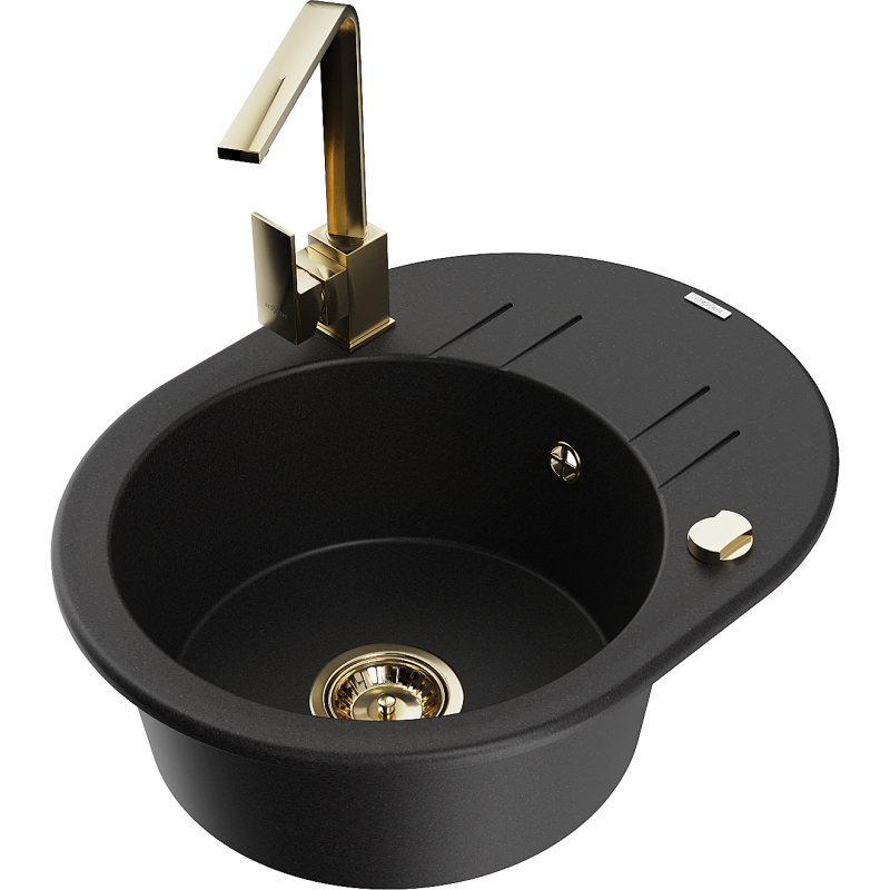 Mexen Kevin 1-bowl granite sink with drainer and Rita kitchen mixer, black - 6517-77-670300-50