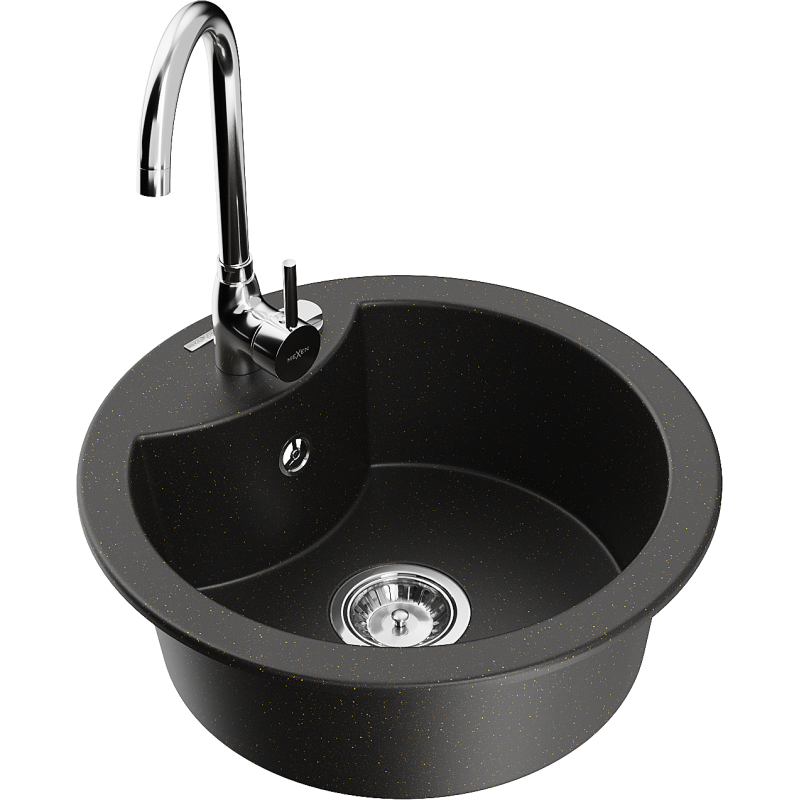 Mexen Diego granieten spoelbak 1-komorig met Telma keukenkraan, zwart/goud - 6512-75-670200-00