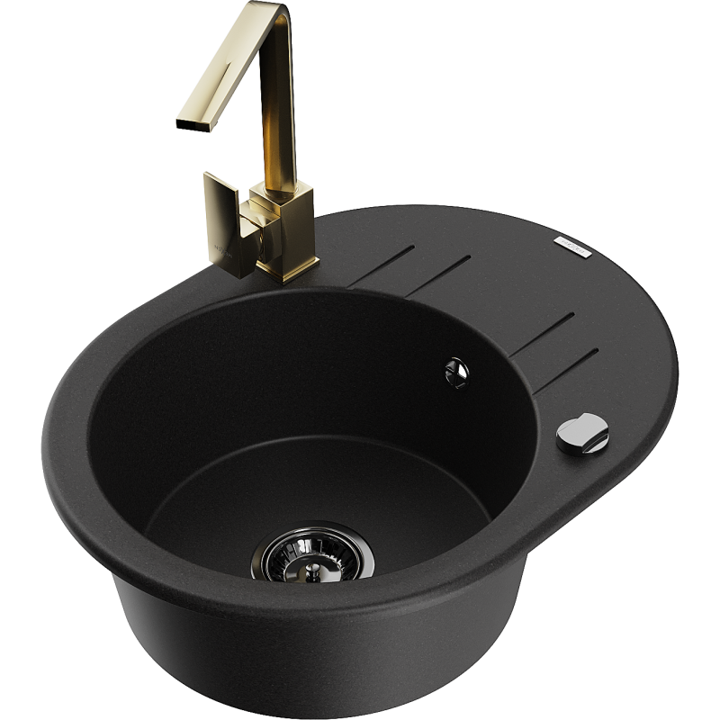 Mexen Kevin 1-bowl granite sink with drainer and Rita kitchen tap, black - 6517-77-670300-50-B