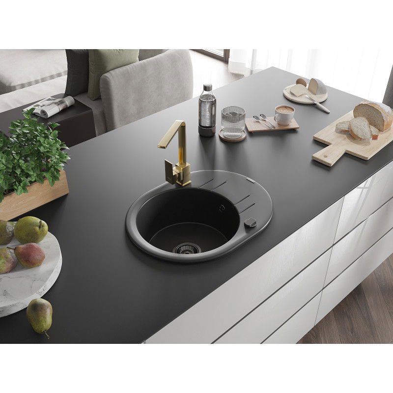 Mexen Kevin 1-bowl granite sink with drainer and Rita kitchen tap, black - 6517-77-670300-50-B