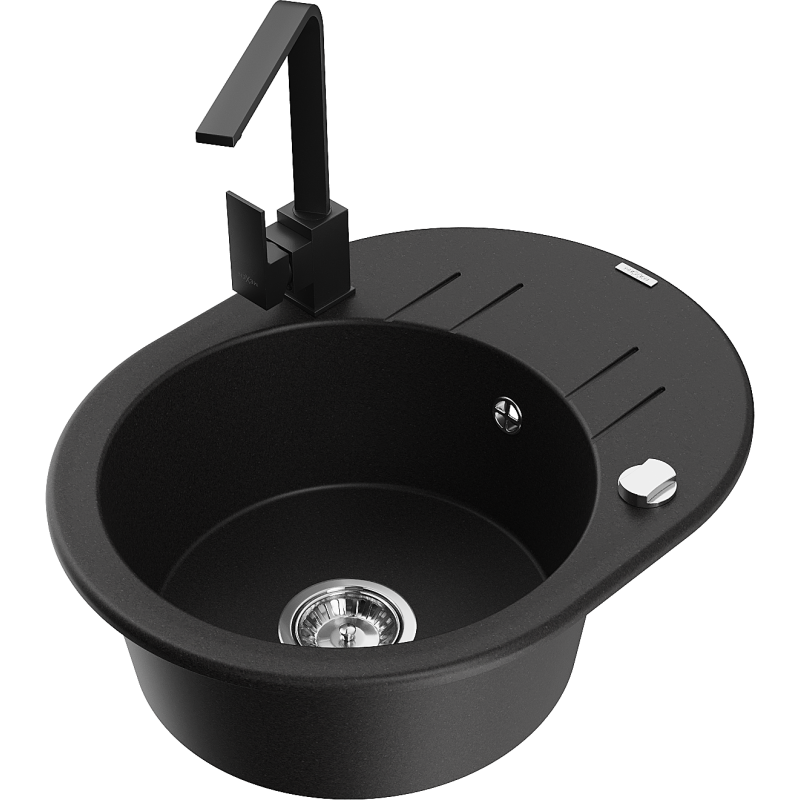 Mexen Kevin Granit-Lavabo 1-Kummeren mat Ofdrëpsberäich a Kichenkran Rita, schwaarz - 6517-77-670300-70