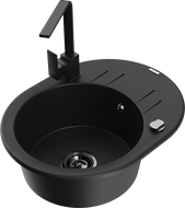 Mexen Kevin 1-bowl granite sink with drainer and Rita kitchen faucet, black - 6517-77-670300-70-B