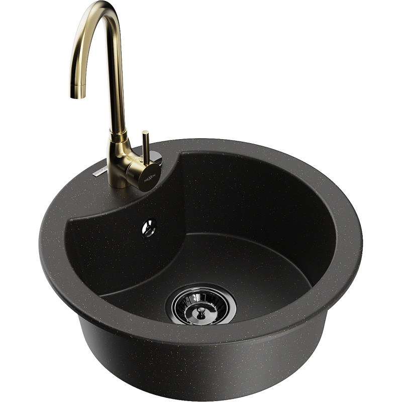 Mexen Diego fregadero de granito de 1 compartimento con grifo de cocina Telma, negro/dorado - 6512-75-670200-50-B