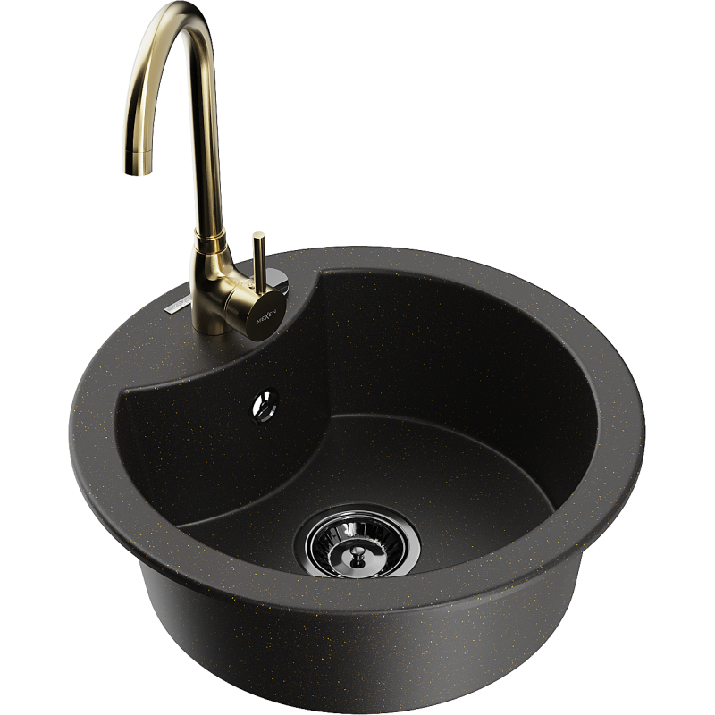 Mexen Diego fregadero de granito de 1 cubeta con grifo de cocina Telma, negro/dorado - 6512-75-670200-50-B