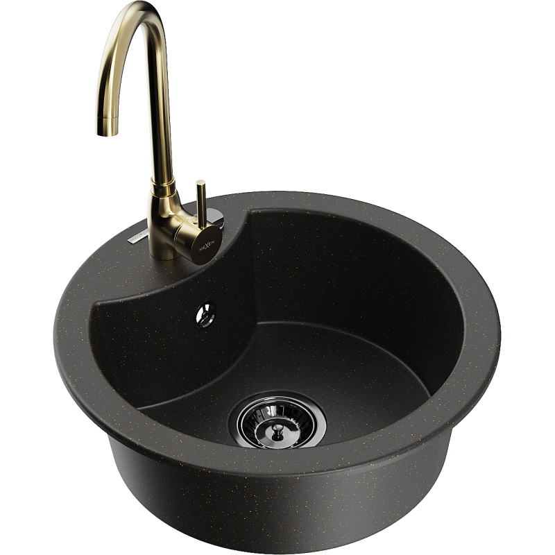 Mexen Diego Granitspüle, 1-beckig, mit Küchenarmatur Telma, schwarz/gold - 6512-75-670200-50-B