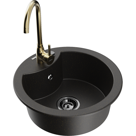 Mexen Diego Granitspüle 1-Becken mit Küchenarmatur Telma, schwarz/gold - 6512-75-670200-50-B