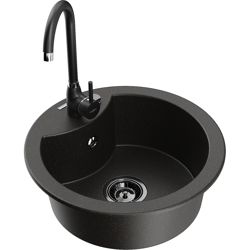 Mexen Diego 1-bowl granite sink with Telma kitchen tap, black/gold - 6512-75-670200-70-B