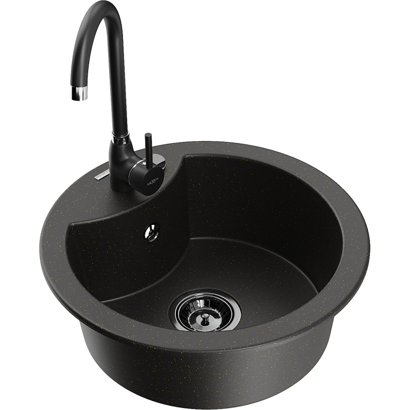 Mexen Diego fregadero de granito de 1 cubeta con grifo de cocina Telma, negro/dorado - 6512-75-670200-70-B