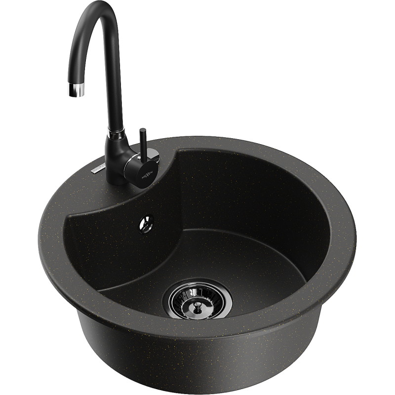 Mexen Diego granitische spoelbak 1-komorige met keukenkraan Telma, zwart/goud - 6512-75-670200-70-B