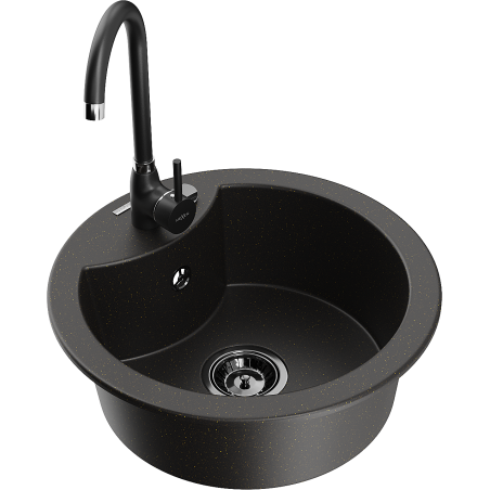 Mexen Diego 1-bowl granite sink with Telma kitchen tap, black/gold - 6512-75-670200-70-B