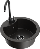 Mexen Diego granite kitchen sink 1-bowl with Telma kitchen faucet, black/gold - 6512-75-670200-70-B