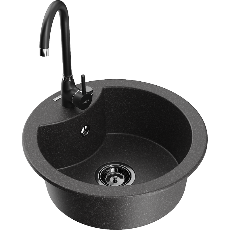 Mexen Diego 1-bowl granite sink with Telma kitchen tap, speckled black - 6512-76-670200-70-B