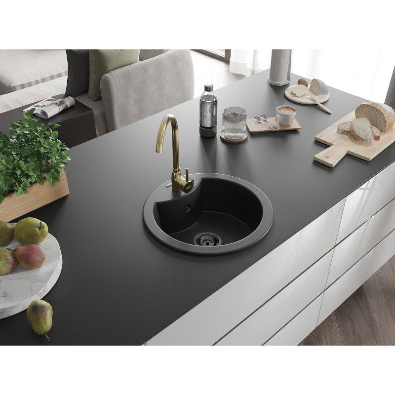 Mexen Diego granite sink 1-chamber with Telma kitchen tap, black - 6512-77-670200-50-B