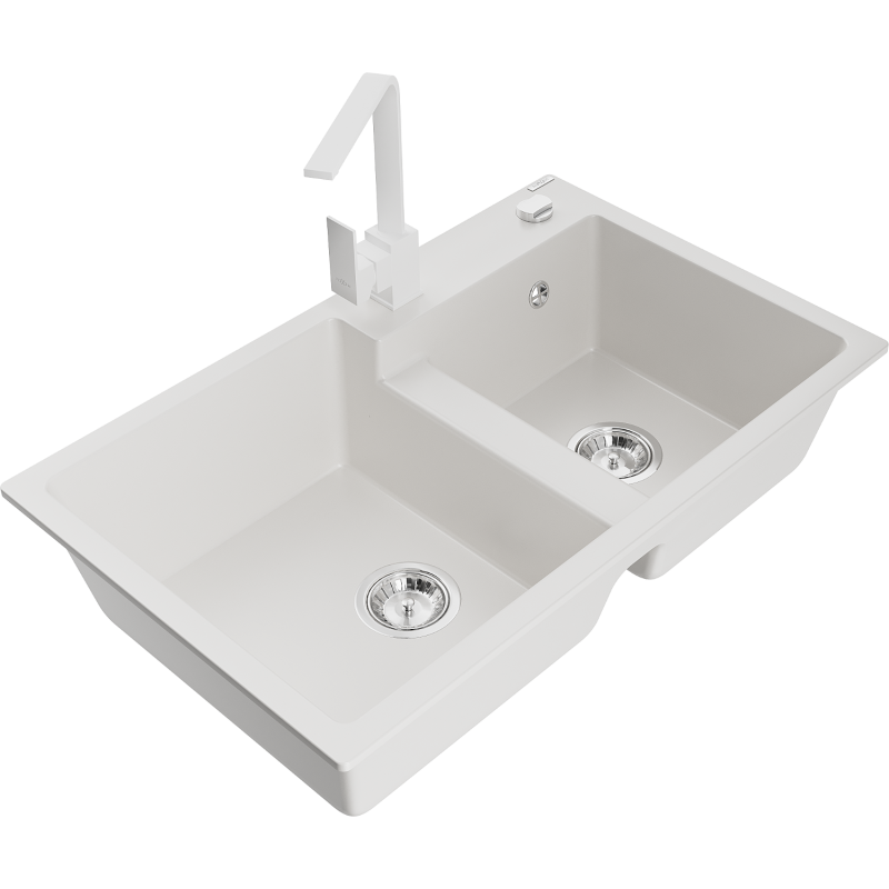 Mexen Tomas lava-louça de granito de 2 cubas com torneira de cozinha Rita, branco - 6516-20-670300-20