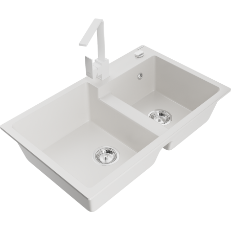 Mexen Tomas granīta izlietne ar 2 nodalījumiem un virtuves krānu Rita, balta - 6516-20-670300-20