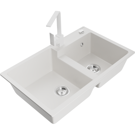 Mexen Tomas granite sink 2-bowl with kitchen faucet Rita, white - 6516-20-670300-20